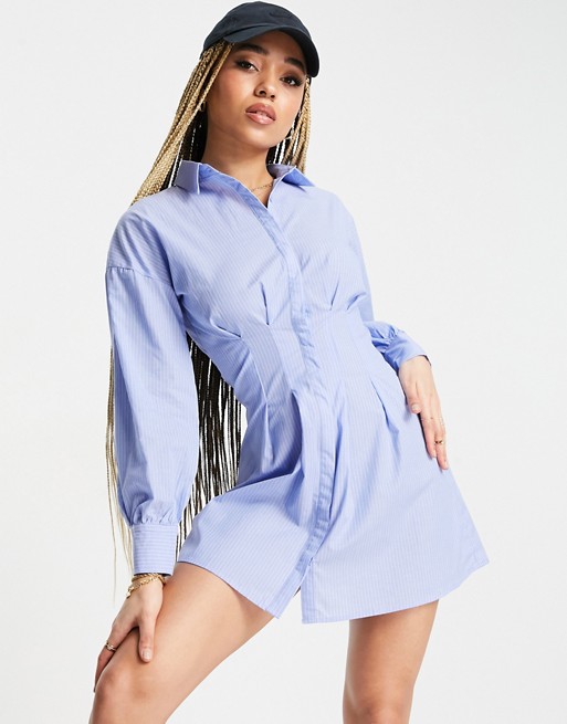 Missguided shirt dress with cinched waist in blue stripe