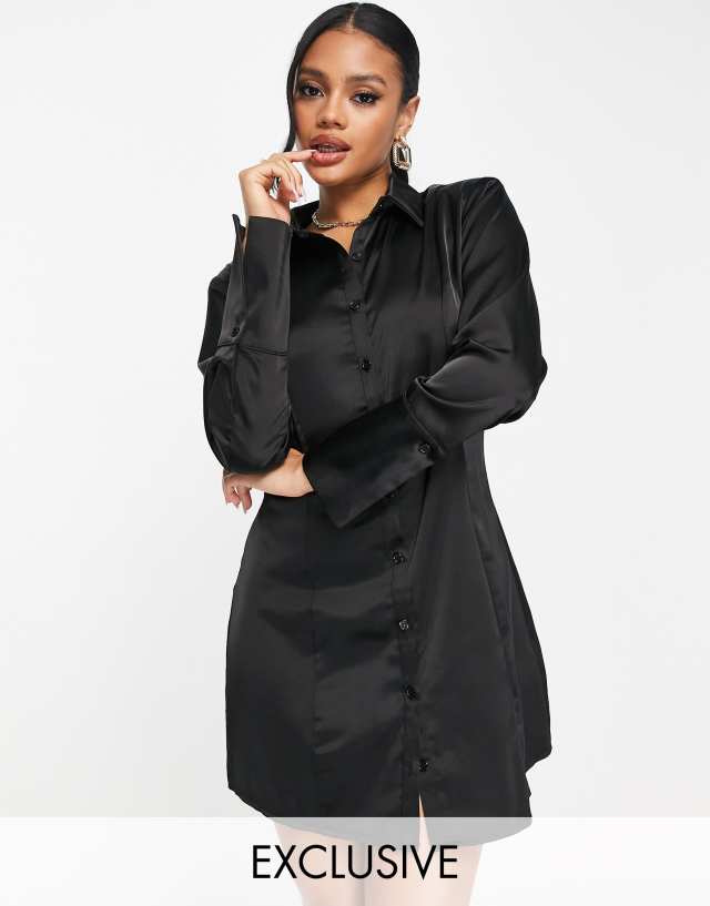 Missguided shirt dress with deep cuffs in black satin