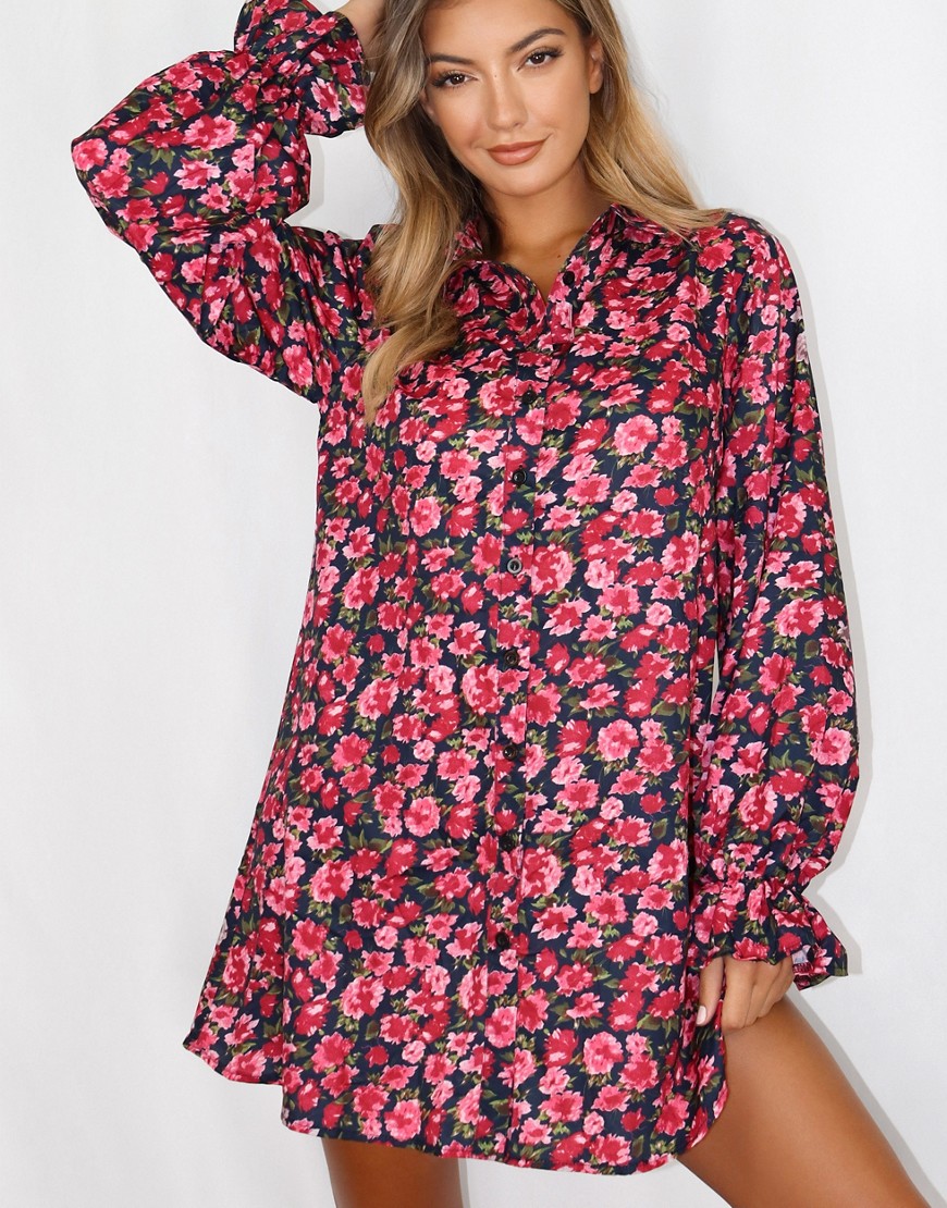 Missguided shirt dress with frill cuff in red floral