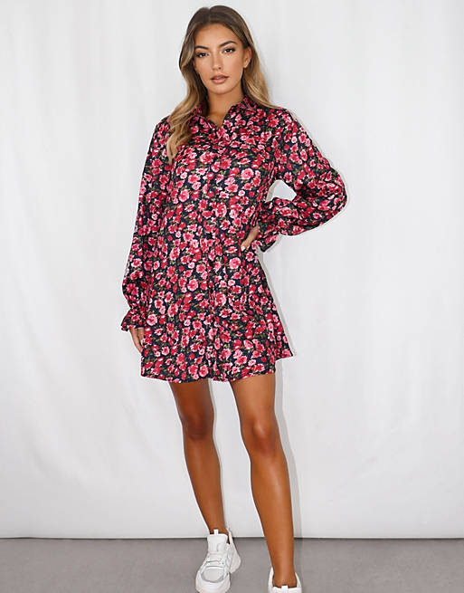 Women Missguided shirt dress with frill cuff in red floral 