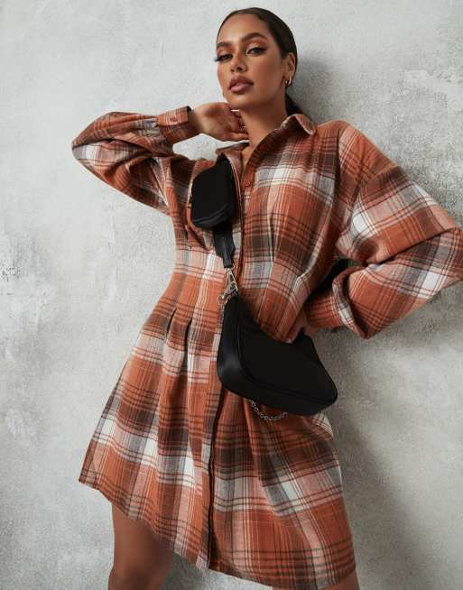 Missguided shirt dress with pleated waist in rust check, 4 of 4