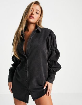 Missguided shirt dress with puff sleeves in black - ASOS Price Checker