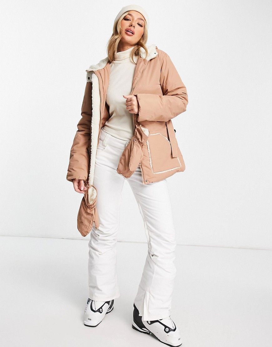 missguided ski borg lined puffer jacket with mittens in camel-neutral