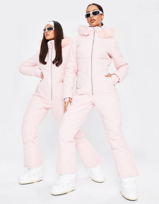 Missguided Ski quilted snow suit in pink