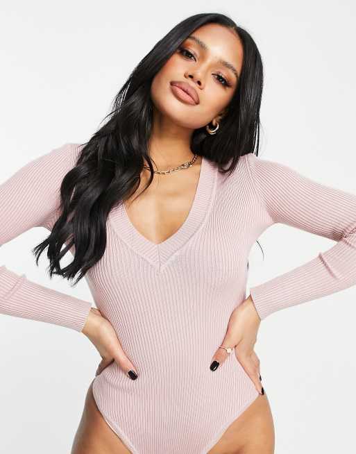 Missguided skinny rib knitted v neck body in pink, 2 of 4