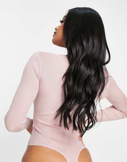 Missguided skinny rib knitted v neck body in pink, 4 of 4