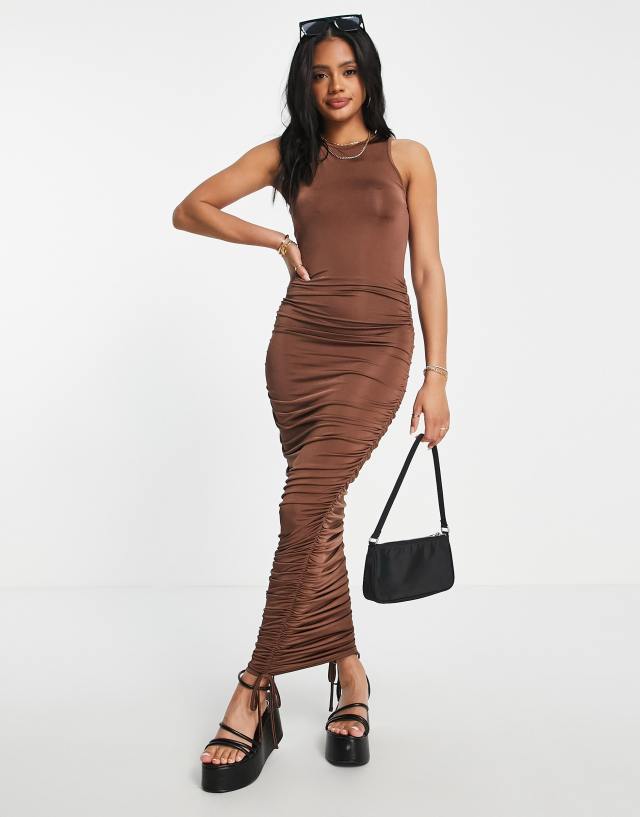 Missguided slinky midaxi dress with ruched detail in brown