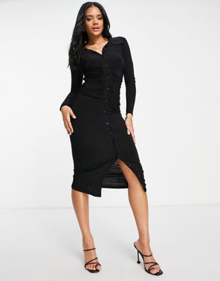 Missguided slinky midaxi shirt dress with ruched detail in black