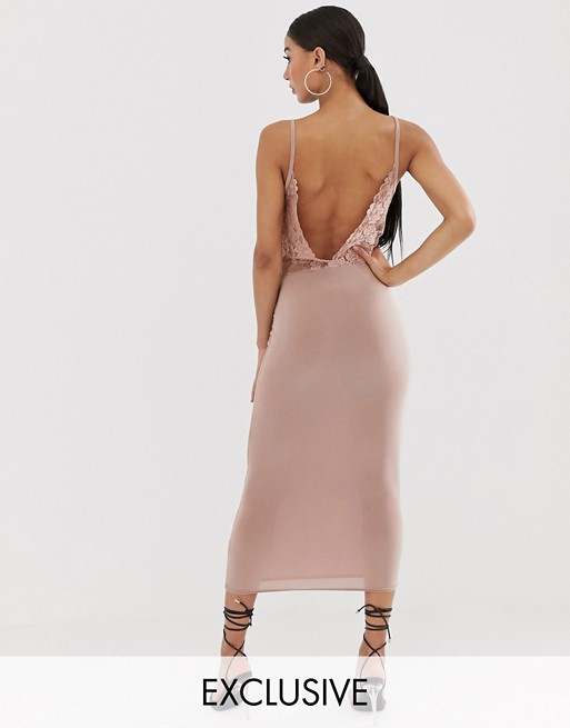 Missguided slinky midi dress with lace back in blush