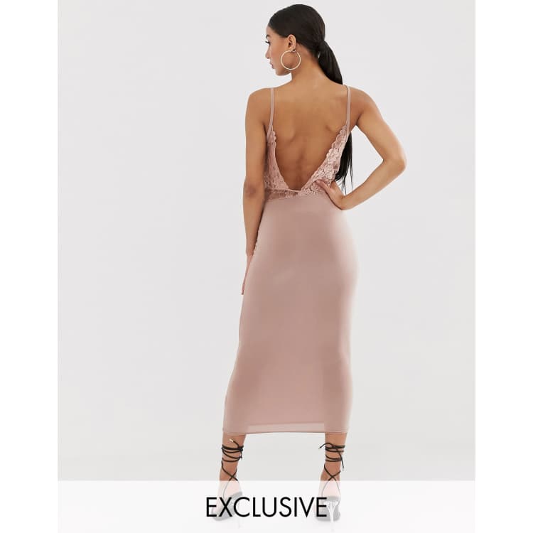 Missguided slinky midi dress with lace back in blush ASOS