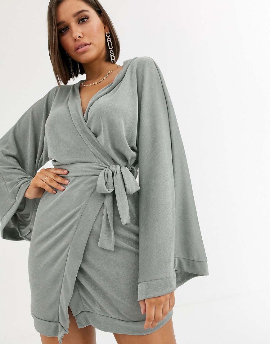 Missguided slinky mini wrap dress with kimono sleeves in silver-Black