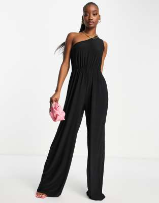 Missguided slinky one shoulder jumpsuit in black