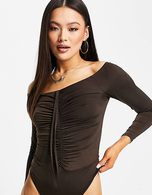Tops Missguided slinky ruched body in brown 
