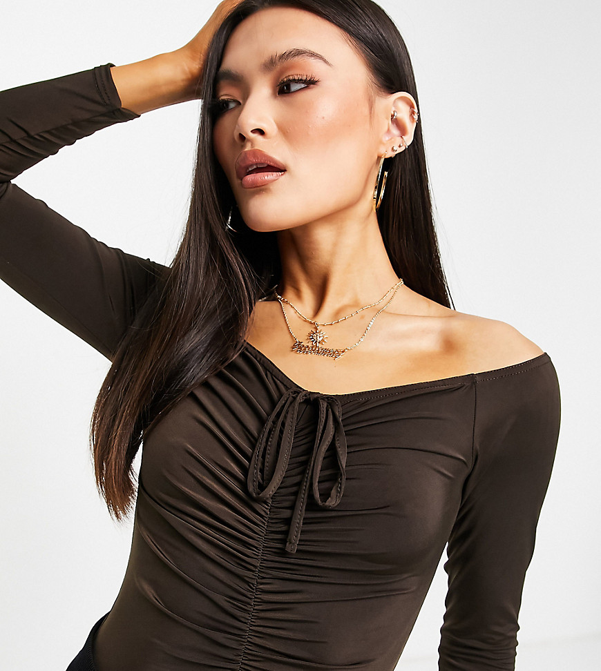 Missguided slinky ruched bodysuit in brown