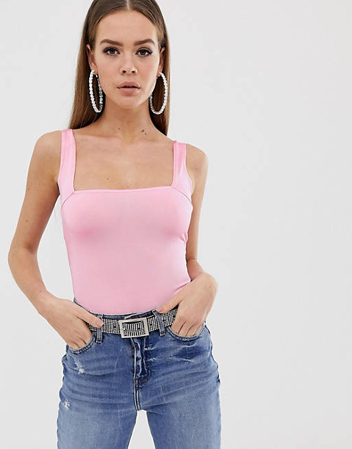 Missguided slinky square neck bodysuit in pink