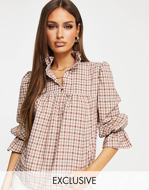 Missguided smock blouse with frill in brown check