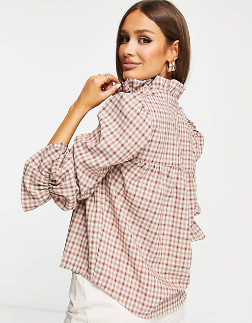 Women Missguided smock blouse with frill in brown check 
