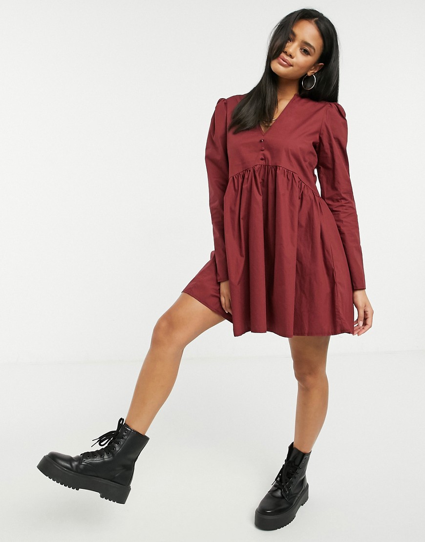 Missguided smock dress with button front detail in burgundy-Red