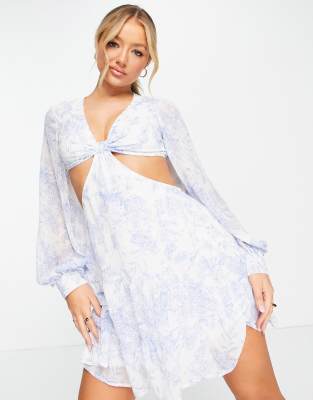 Missguided Smock Dress With Cut Outs In Light Blue Porcelain Print ModeSens