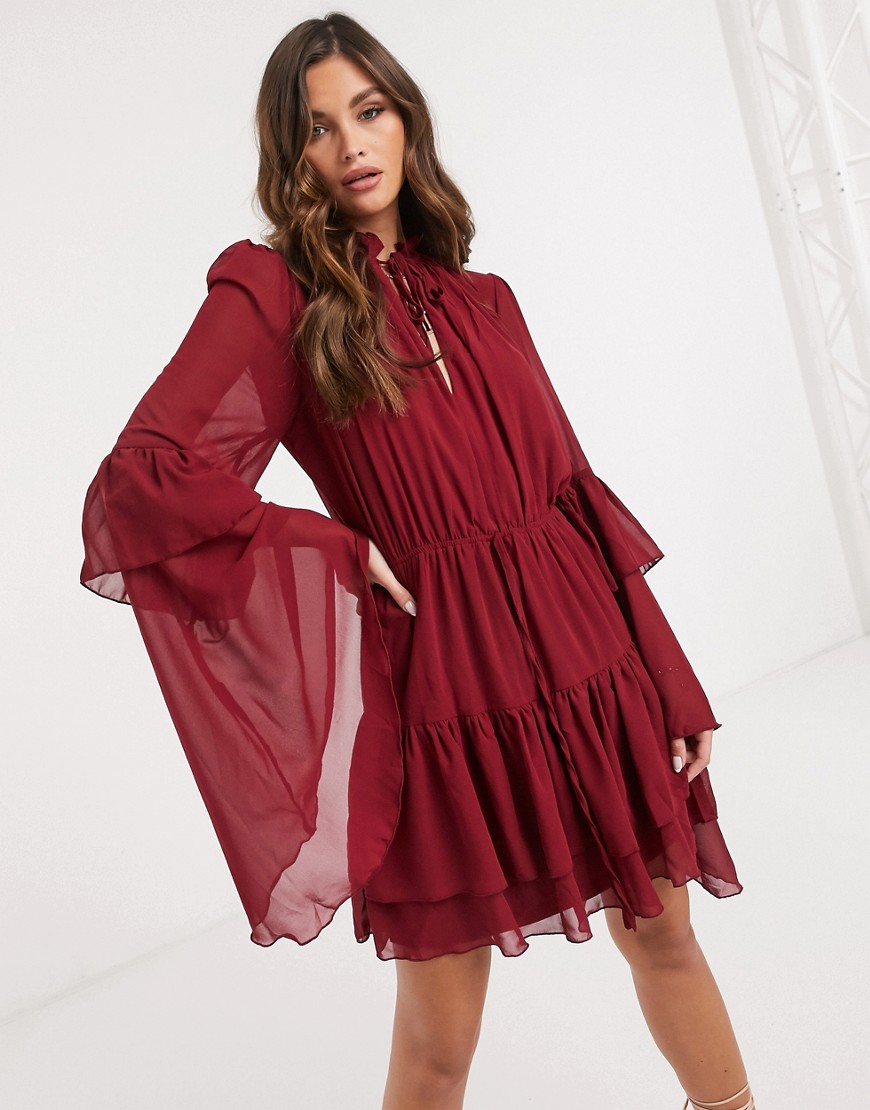Missguided smock dress with keyhole detail in burgundy-Red