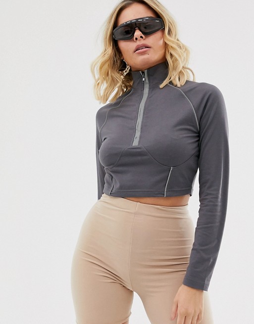 Missguided Sonia x Fyza high neck crop top with contrast pipping in grey
