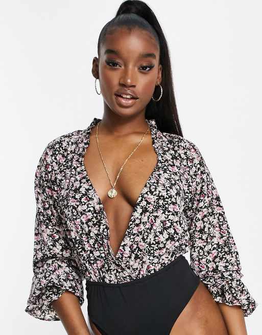 Missguided - Sort blomstret bodystocking med slå-om og flæsekanter, 3 af 4