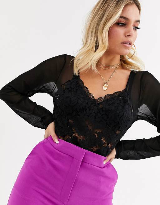 Missguided - Sort langærmet net bodysuit