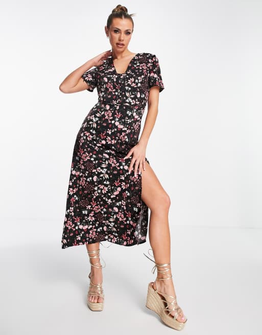 Missguided - Sort midi-tea-kjole med korte ærmer og blomstermønster