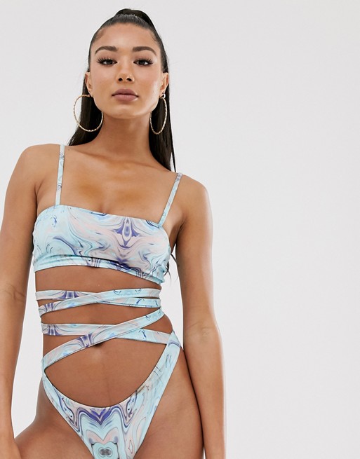 Missguided square neck bikini top in swirl print