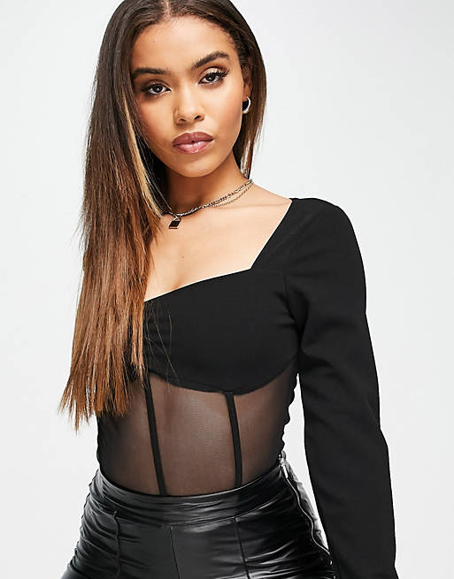 Women Missguided square neck bodysuit with mesh panel in black 
