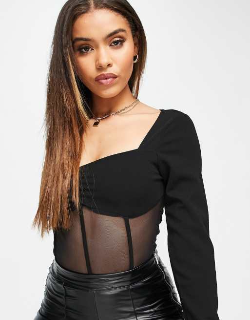 Missguided Square Neck Bodysuit With Mesh Panel In Black Asos