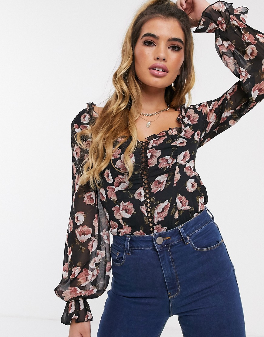 Missguided square neck bodysuit with puff sleeves in floral print-Multi