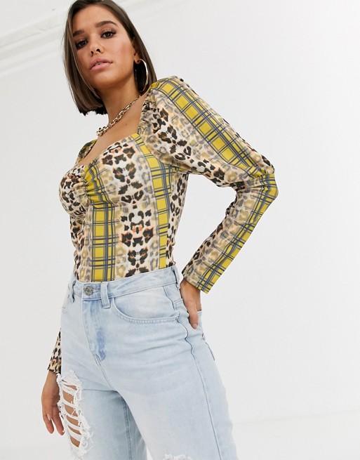 Missguided square neck bodysuit with puff sleeves in mix print