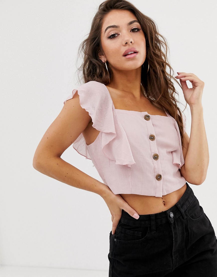 Missguided square neck crop top with frill shoulder in pink