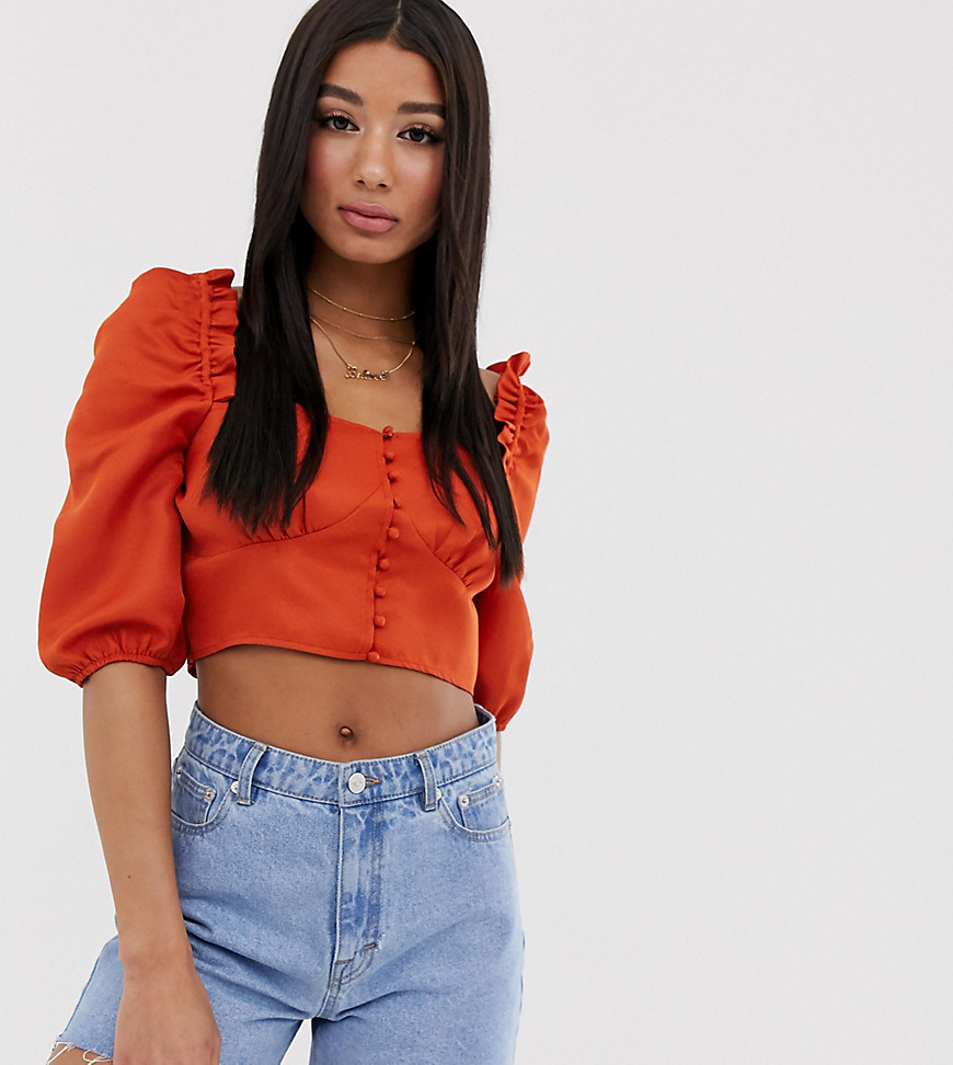 Missguided square neck crop top with puff sleeves in rust-White