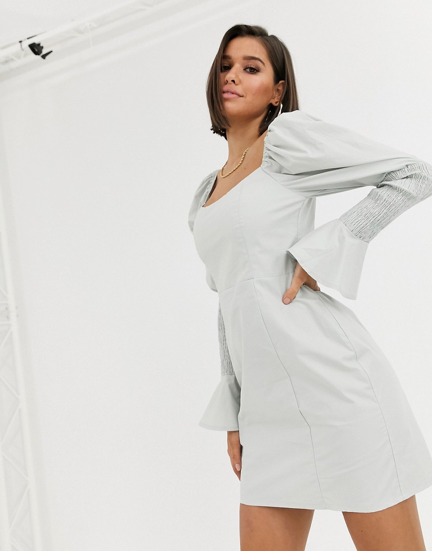 Missguided square neck dress with puff shirred sleeves in sage-Green