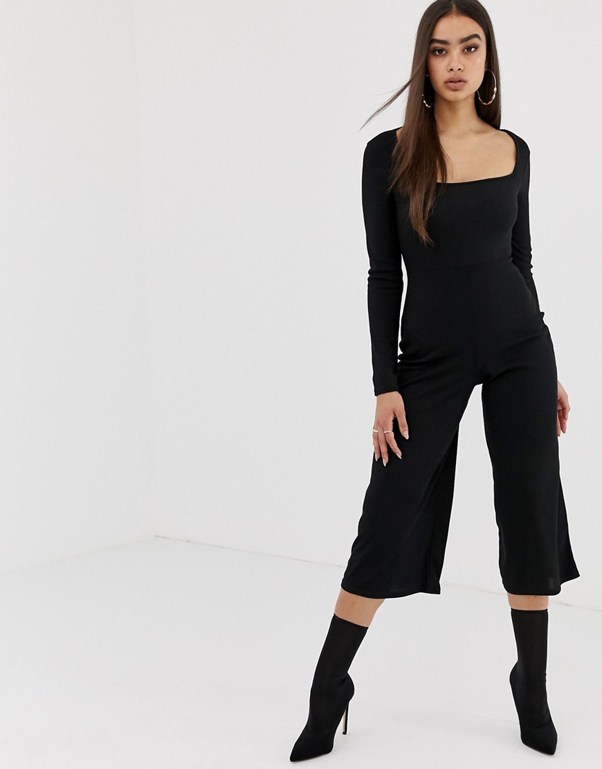 Missguided square neck long sleeve ribbed culotte jumpsuit in black