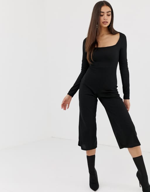 LONG SLEEVE SQUARE NECK RIBBED JUMPSUIT BLACK