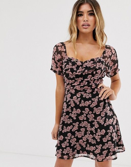 Missguided square neck mini dress with ruching in floral print