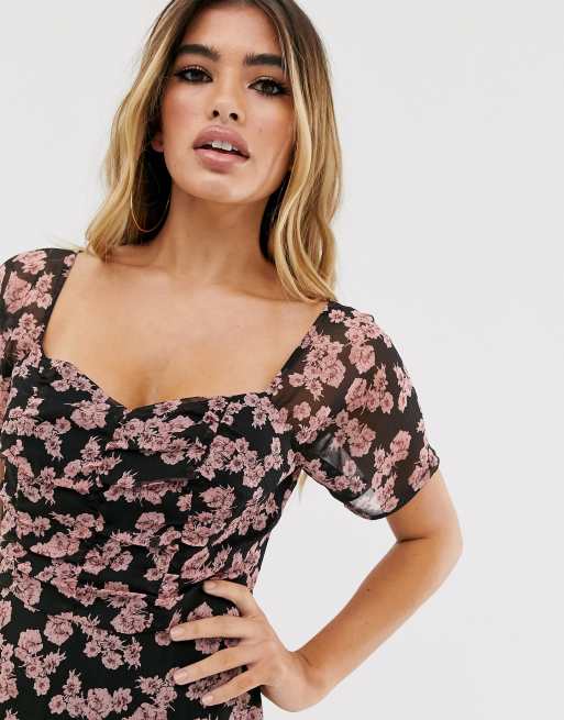 Missguided square neck mini dress with ruching in floral print, 3 of 4
