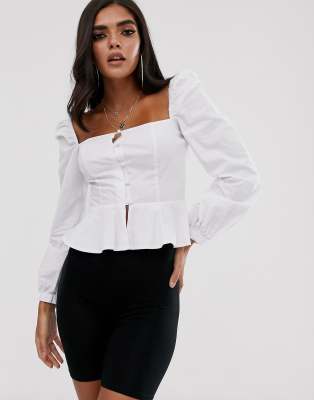 Missguided square neck peplum blouse with tie sleeves in white