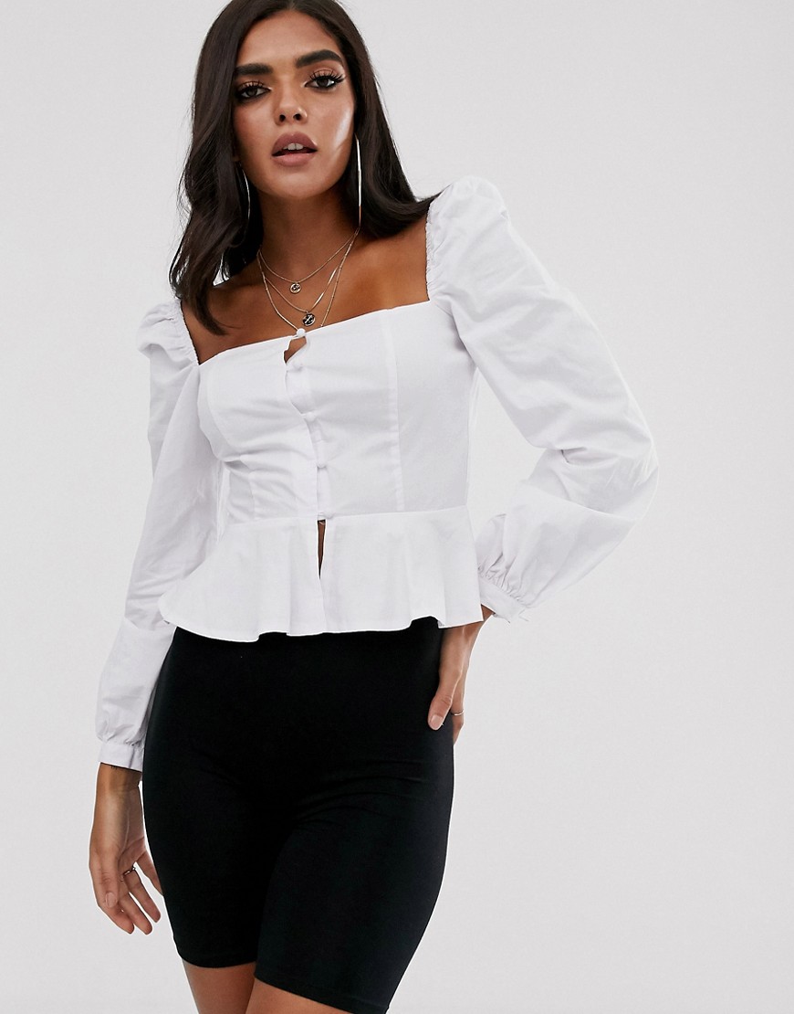 Missguided square neck peplum blouse with tie sleeves in white