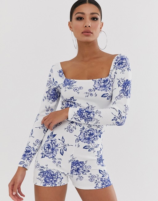 Missguided square neck playsuit in white porcelain print