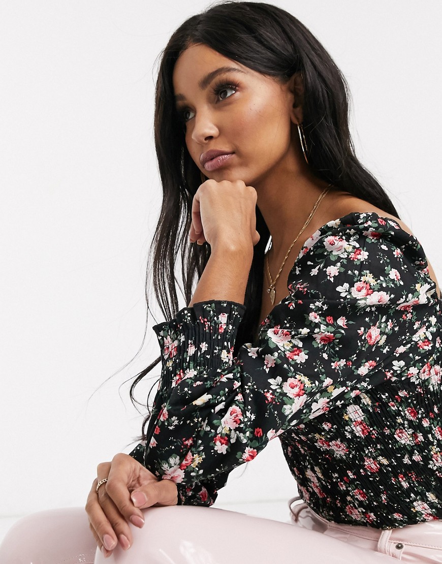 Missguided square neck shirred blouse in floral print-Multi