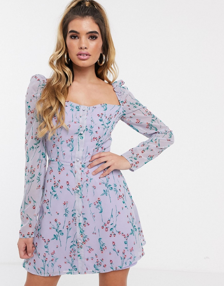 Missguided square neck skater dress in lilac ditsy floral-Purple