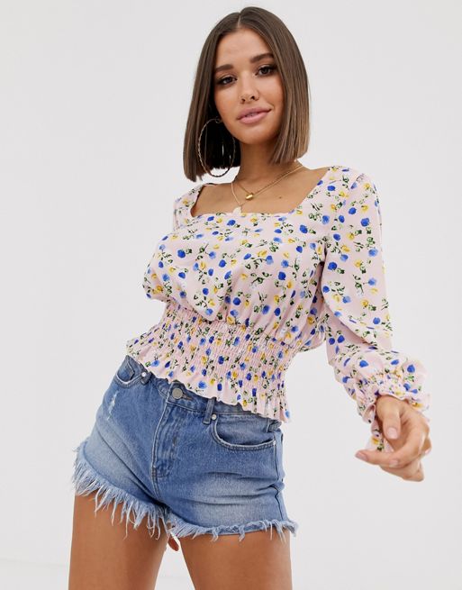 Missguided square neck top with shirred waist in floral print | ASOS