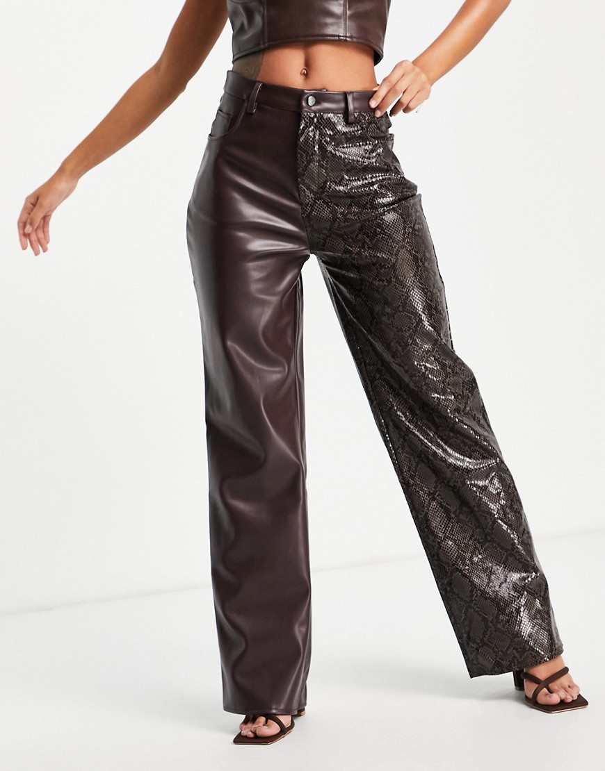Missguided straight leg spliced pants in brown faux leather