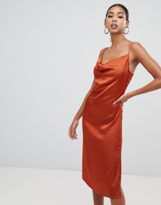 missguided strappy cowl midi satin dress in rust
