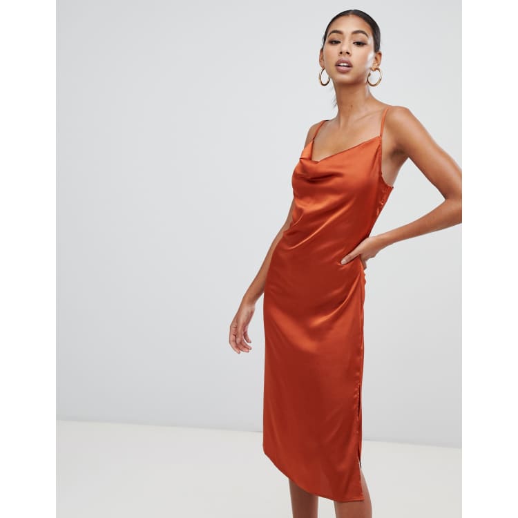 Missguided strappy cowl midi satin dress in rust ASOS