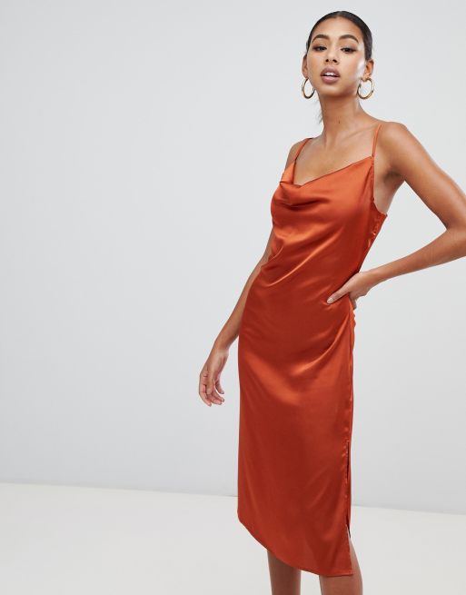 Missguided strappy cowl midi satin dress in rust, ASOS